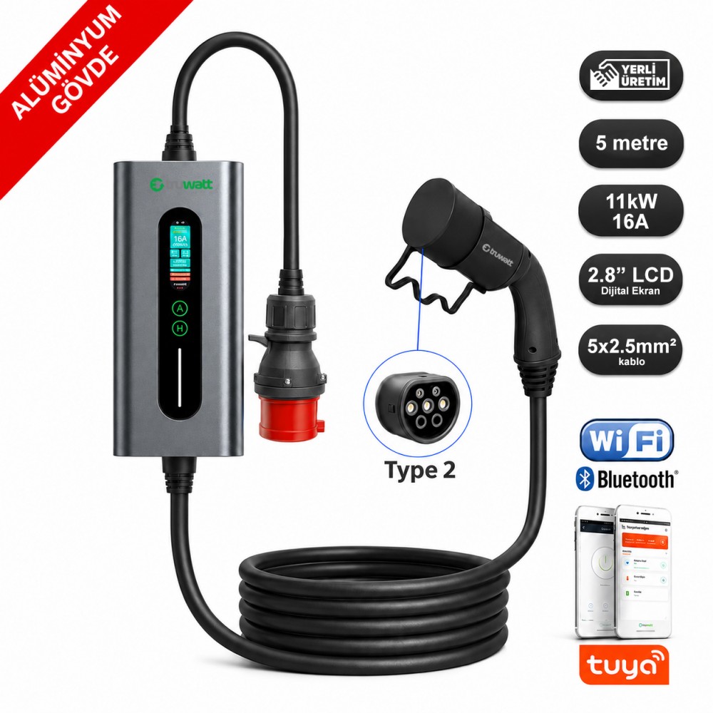 Truwatt Truwatt ZTA405 11kW Taşınabilir Elektrikli Araç Şarj Cihazı 16A/380V (5 metre)