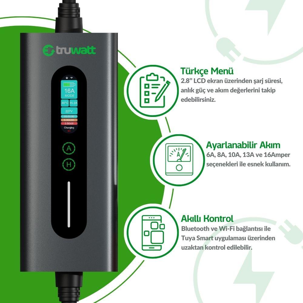 Truwatt ZTA405 11kW Taşınabilir Elektrikli Araç Şarj Cihazı 16A/380V (5 metre) görsel 2